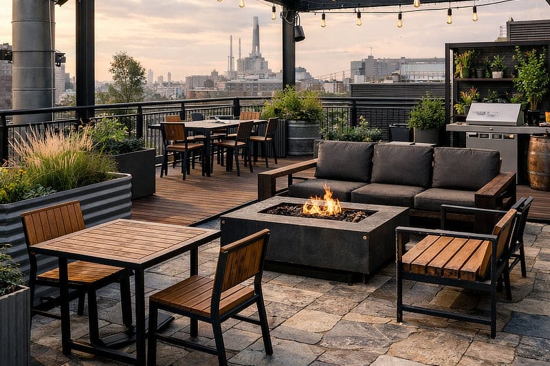 Industrial-themed rooftop garden.