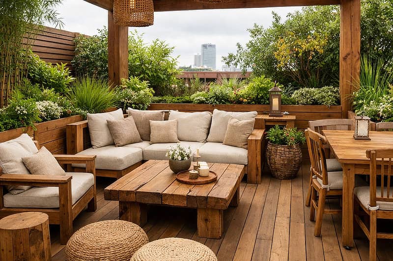 Rooftop garden with wooden accents.