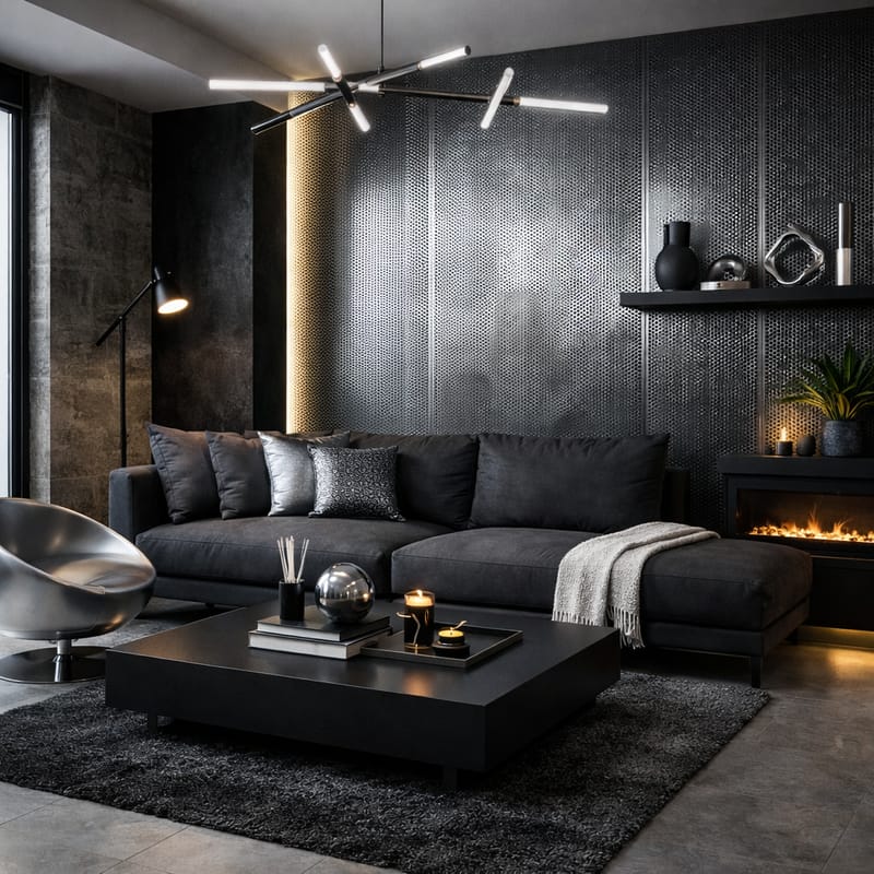 Black and metallic gray living room.