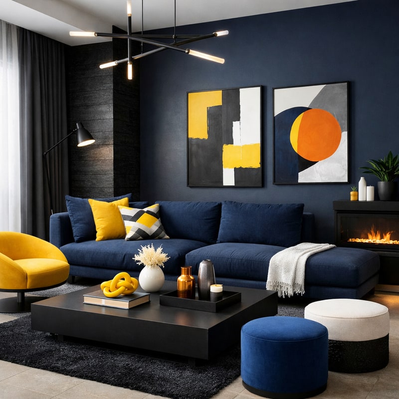 Black and navy blue living room.