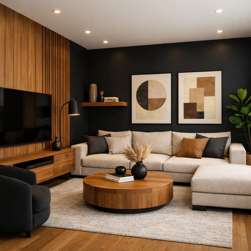 Black and wood brown living room.